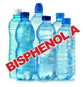 anti bisphenol A sign with plastic bottles of mineral water