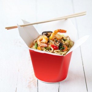 Noodles with shiitake mushrooms, shrimp and pork in sweet and so