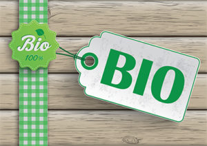 Bio food label with price sticker on the wooden background. Eps 10 vector file.